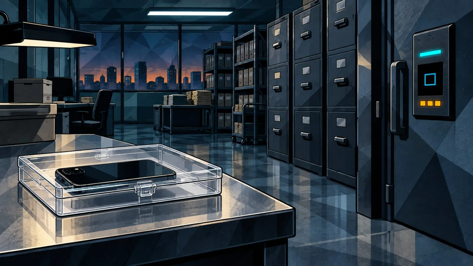 A sealed smartphone rests beside a locked evidence cabinet / TokenPost.ai