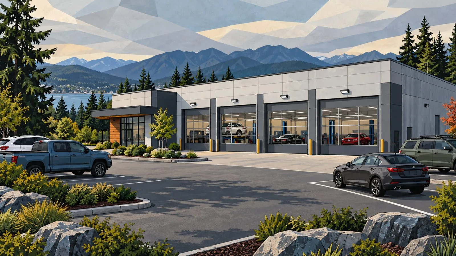 Collision repair facility exterior under soft afternoon light / TokenPost.ai