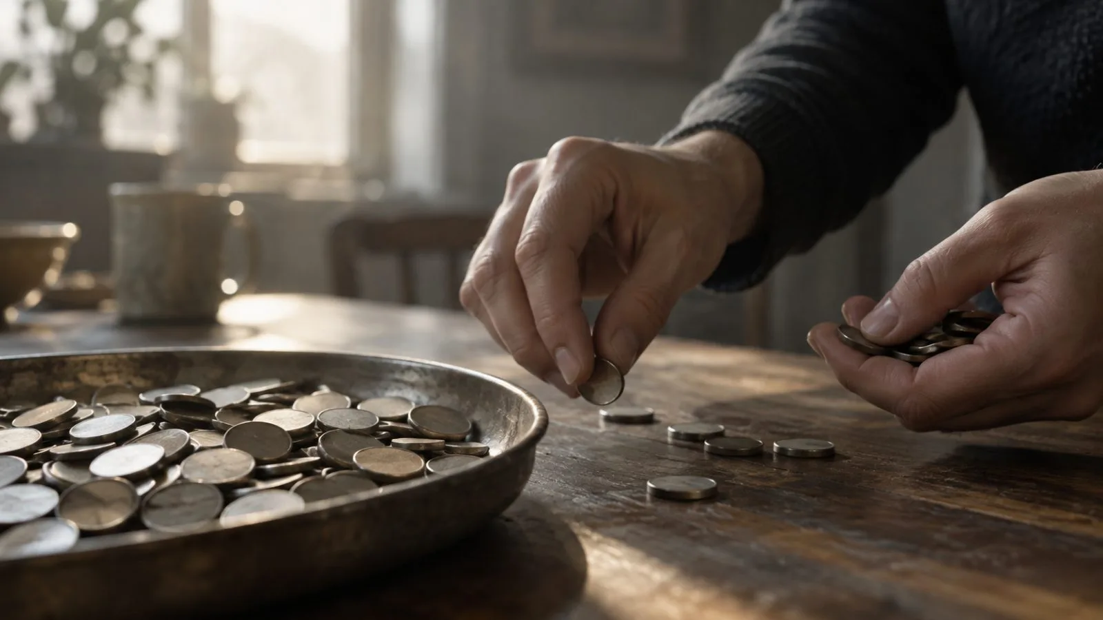 Hands separate metal tokens on a plain tray / TokenPost.ai