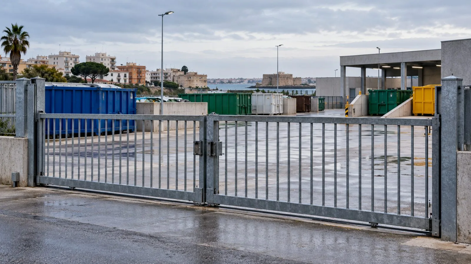 A closed gate stands before municipal waste collection bins / TokenPost.ai