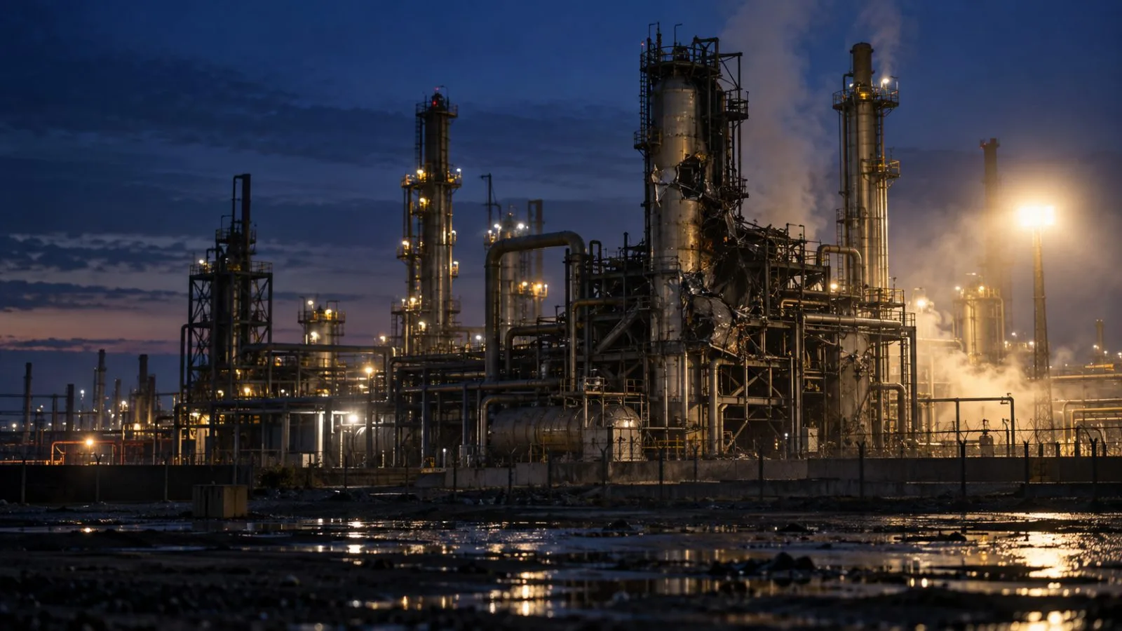 Smoke rising above refinery pipes under emergency floodlights / TokenPost.ai