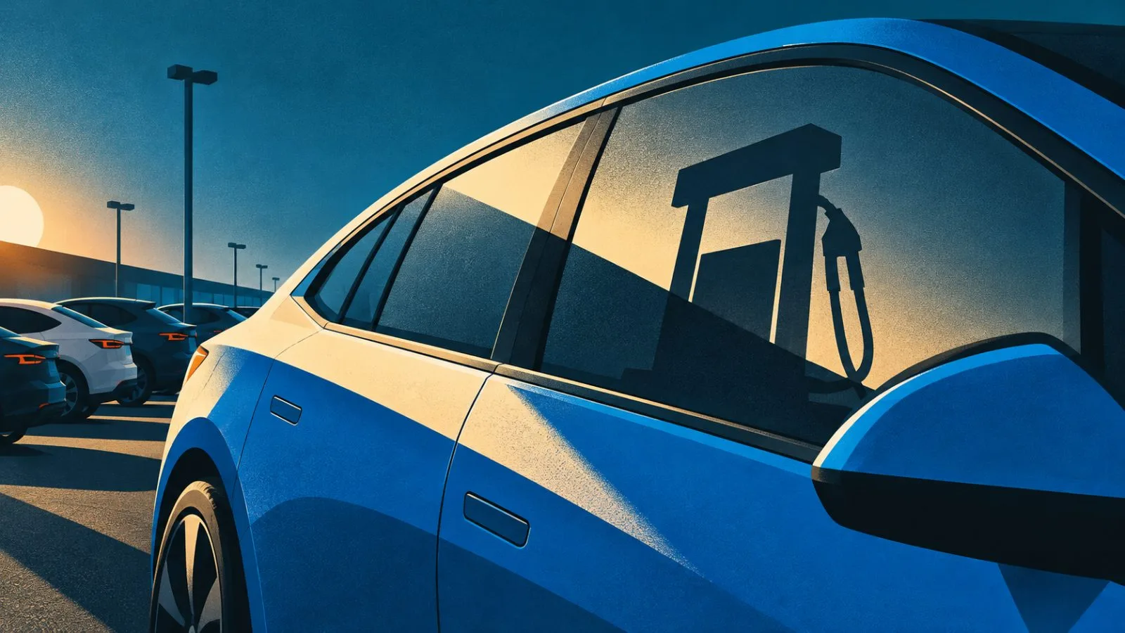 A gasoline pump reflects in the window of a parked electric car. / TokenPost.ai