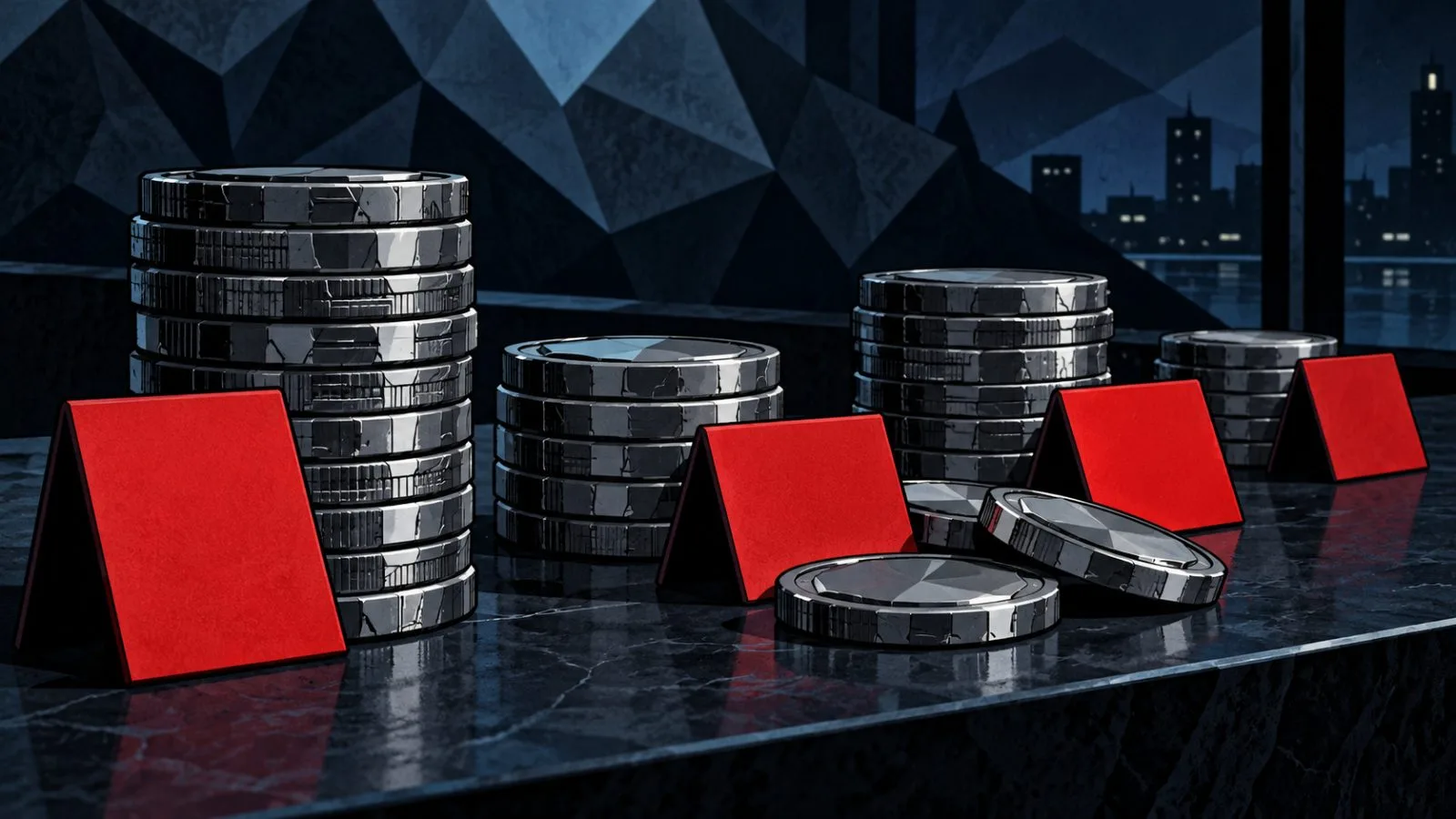 Red markers beside stacked metal cryptocurrency tokens / TokenPost.ai