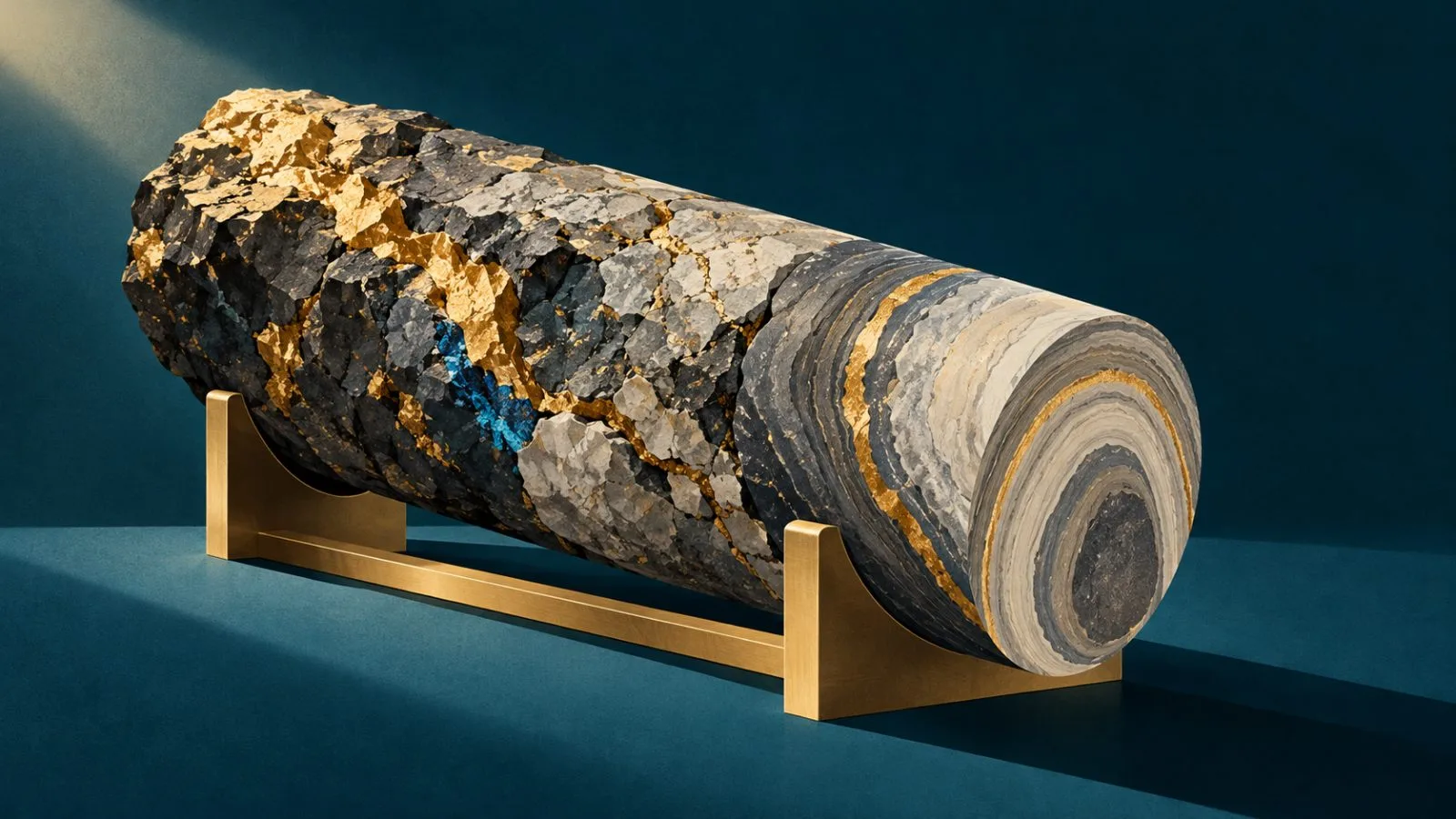 A gold-bearing ore core rests in a brushed brass cradle / TokenPost.ai