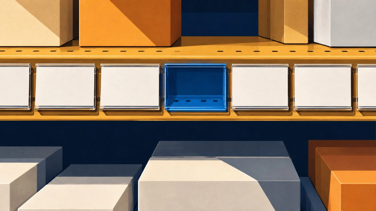 An empty holder interrupts a row of blank shelf labels / TokenPost.ai