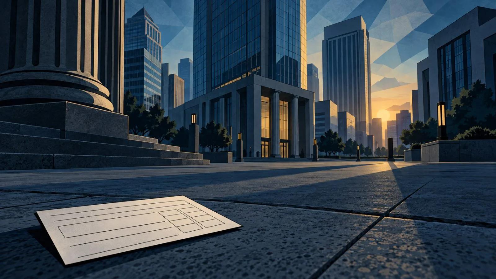 Blank options card in front of bank towers at dawn / TokenPost.ai
