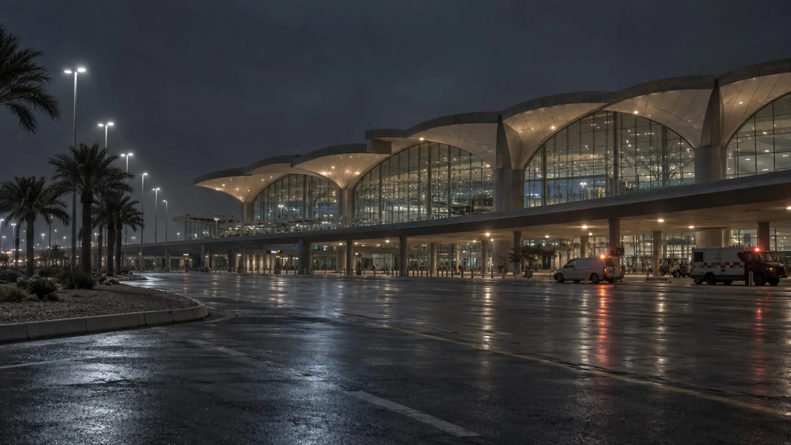 Airport terminal exterior illuminated along an empty access road / TokenPost.ai