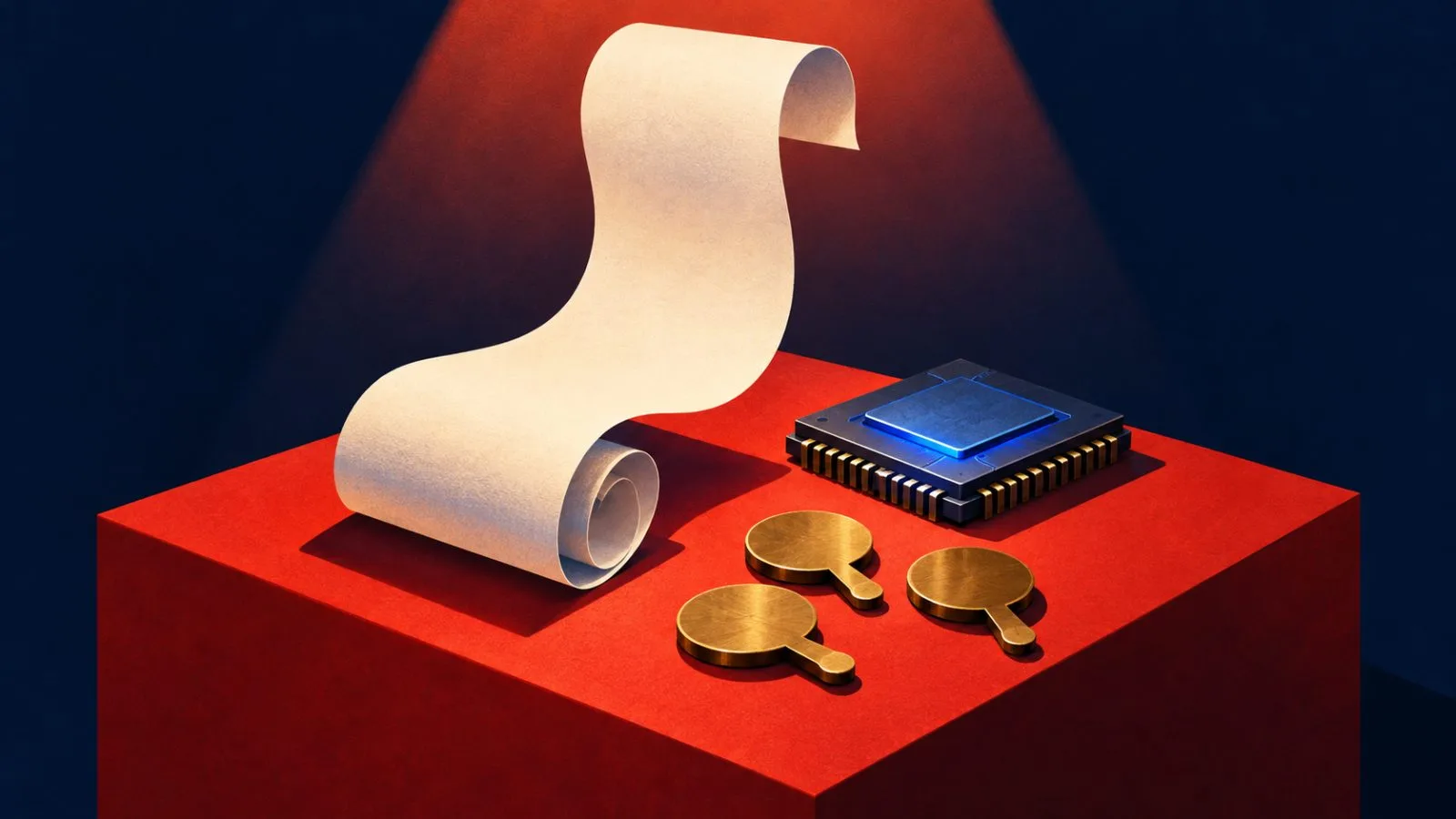 A blank receipt curls beside a processor and brass tokens / TokenPost.ai