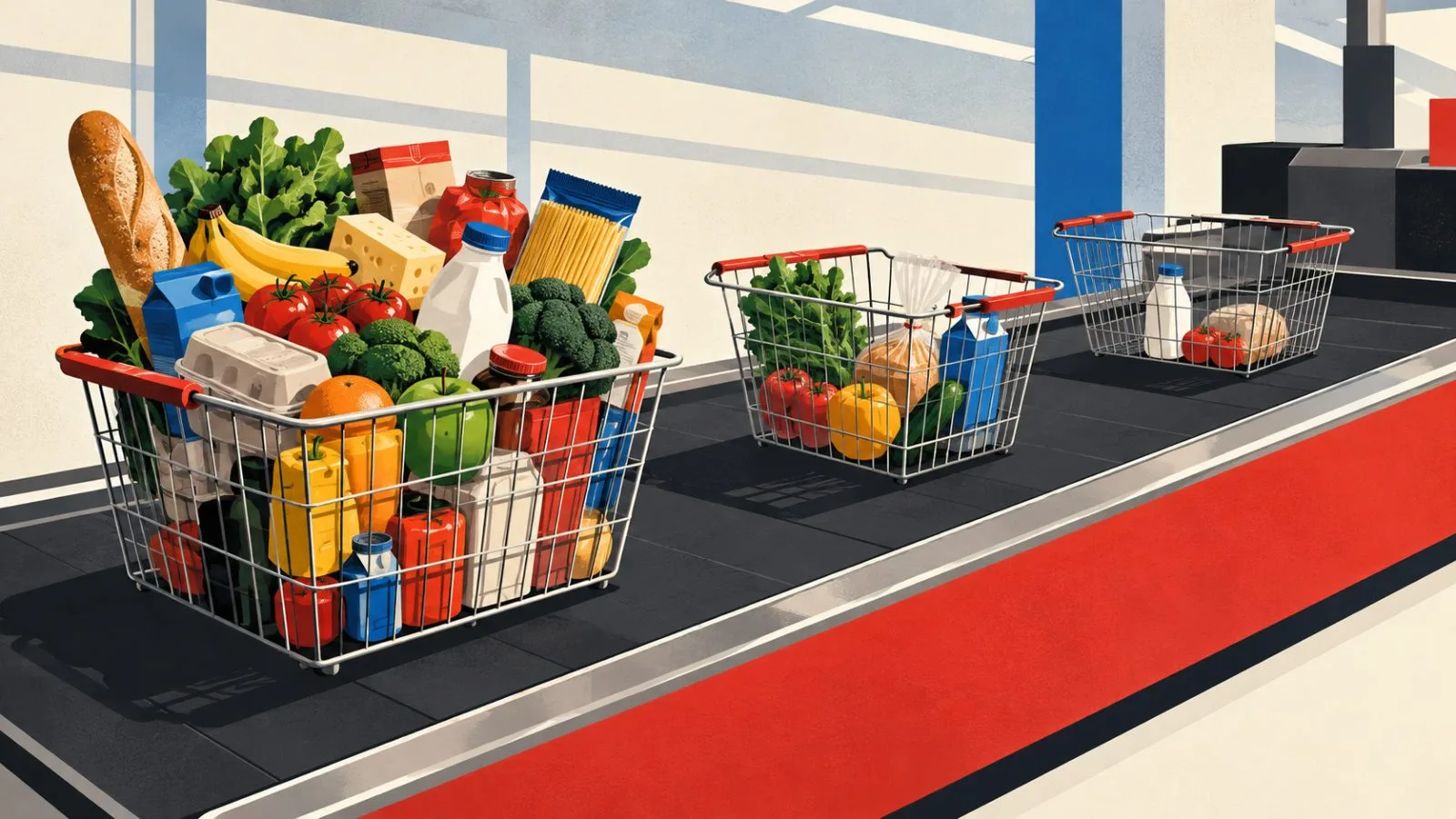 Uneven grocery baskets line a supermarket checkout conveyor / TokenPost.ai