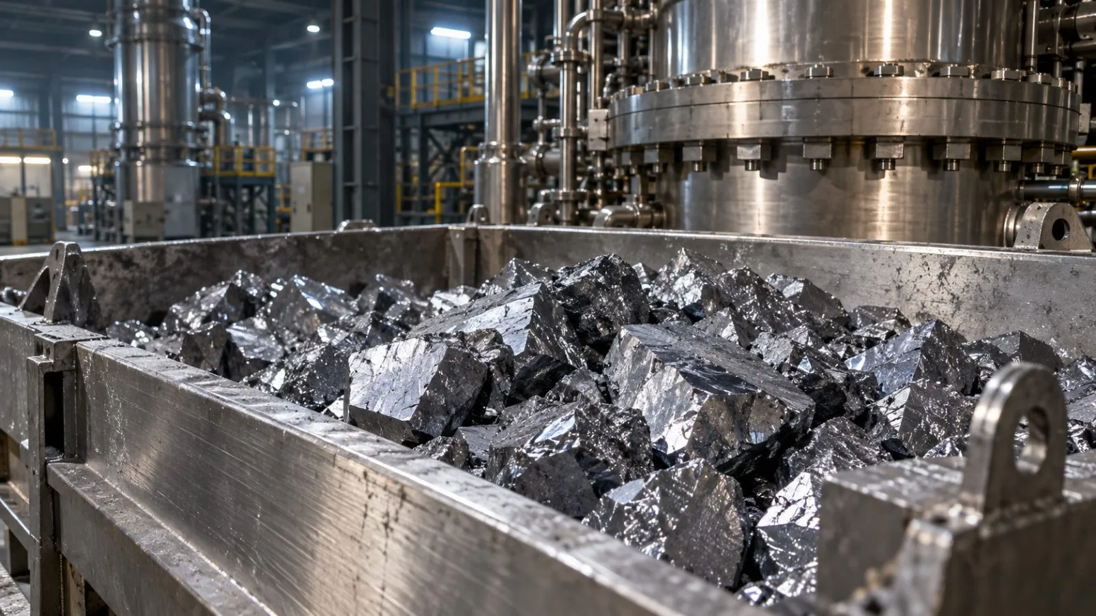Crystalline silicon chunks rest beside equipment on a factory floor / TokenPost.ai