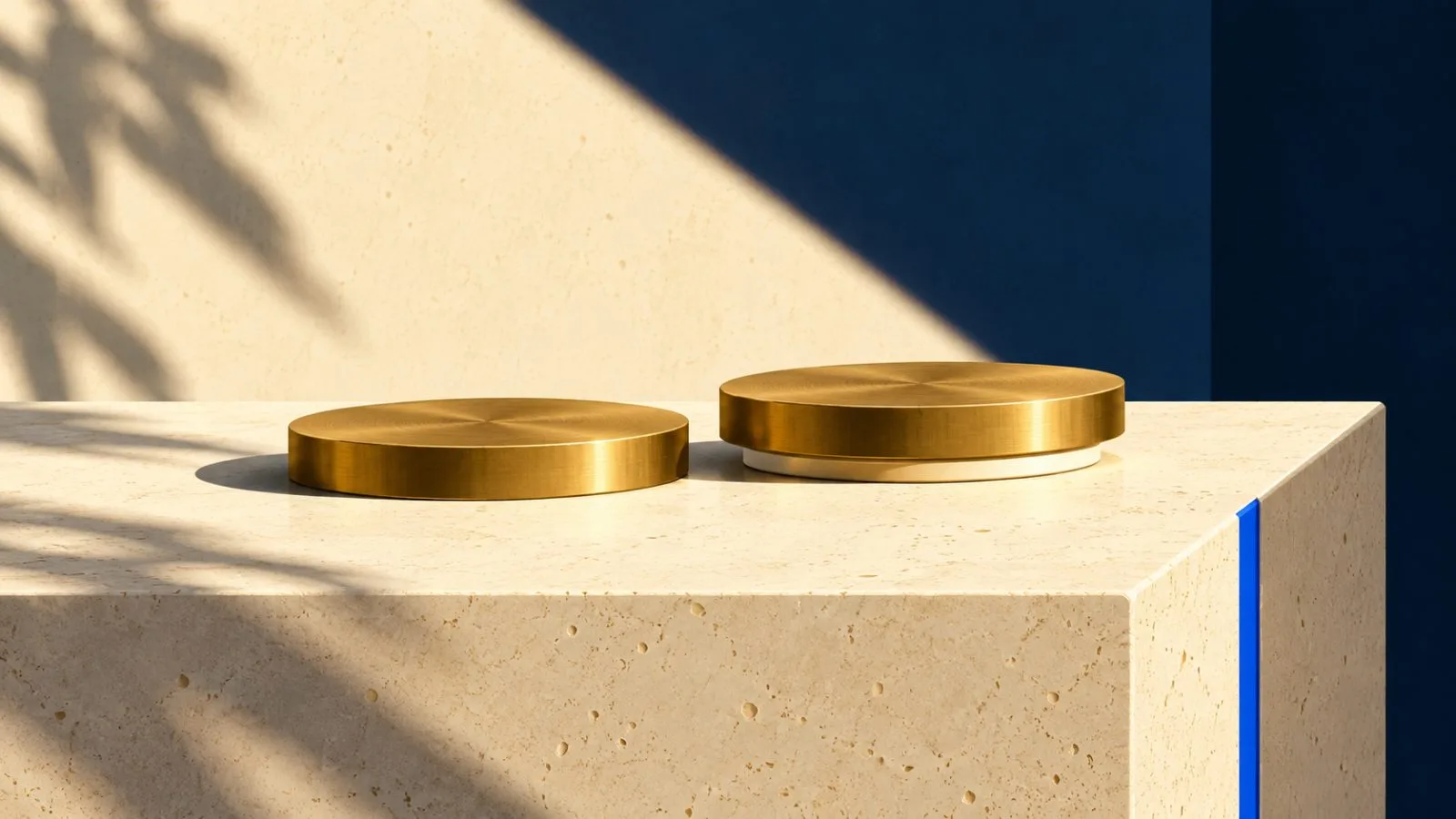 Two brass discs rest at different heights on an ivory plinth / TokenPost.ai