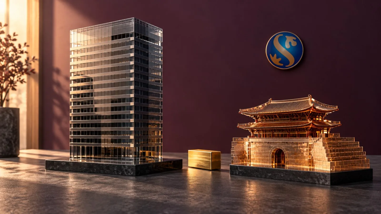 A brass block crosses between two glass office models / TokenPost.ai