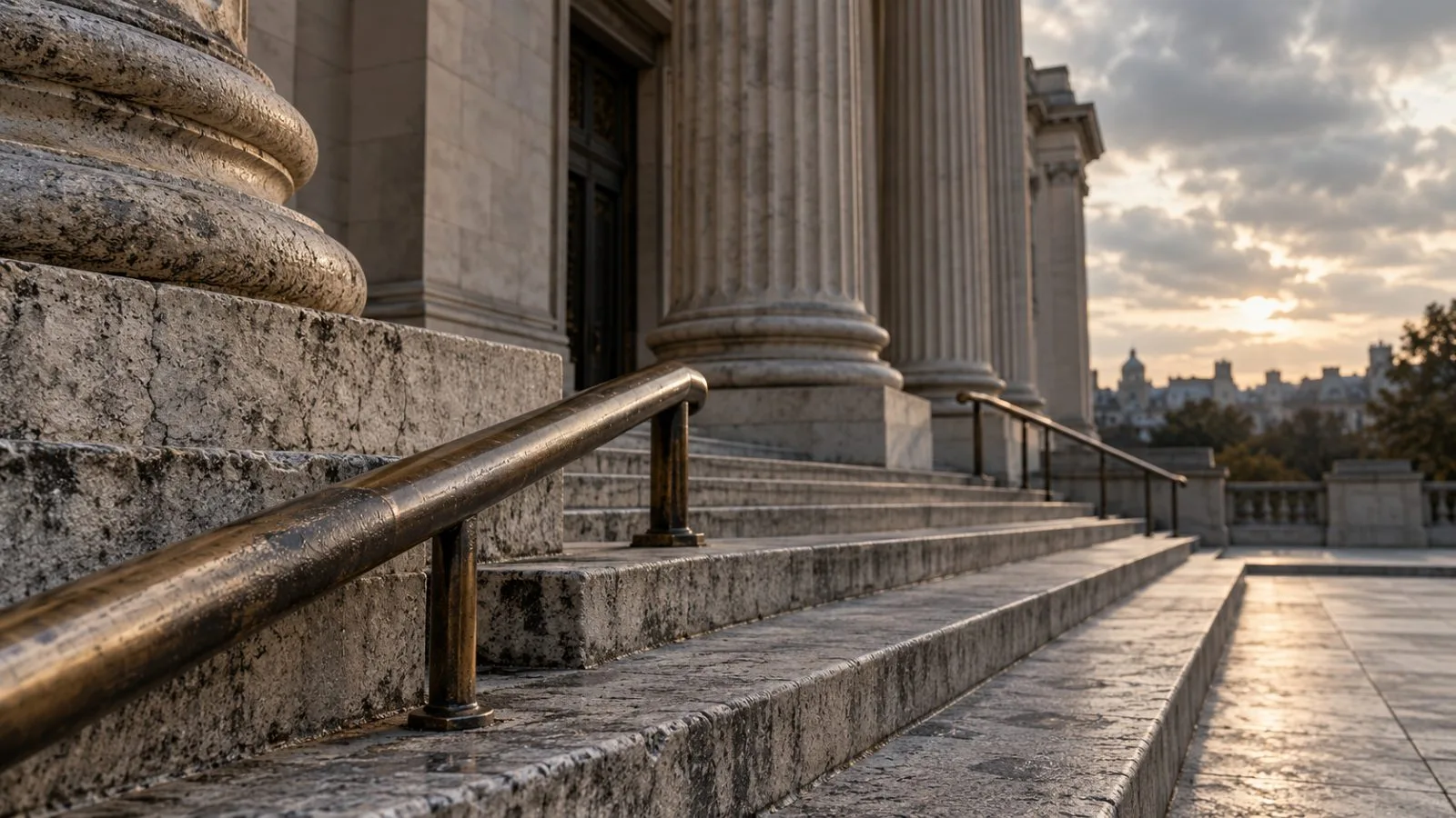 Empty courthouse steps beneath an overcast afternoon sky / TokenPost.ai