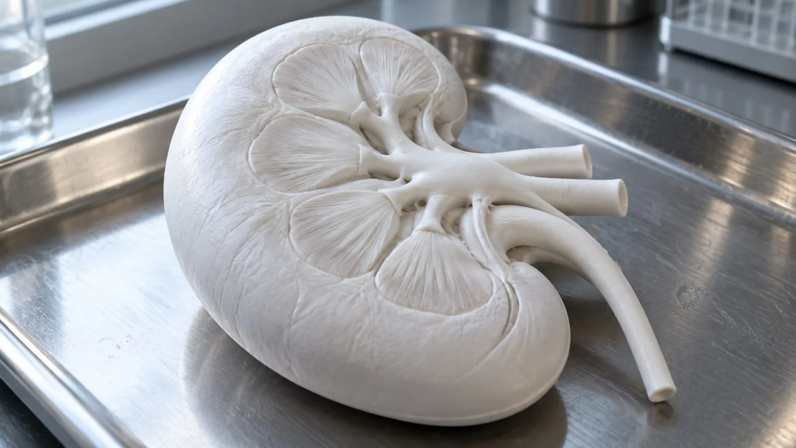 White anatomical kidney model on a stainless laboratory tray / TokenPost.ai