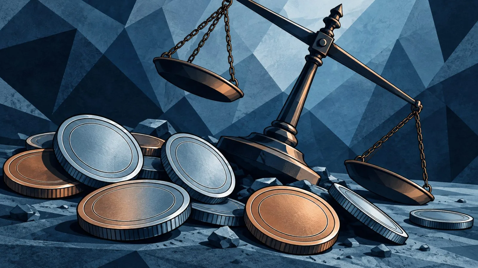 Blank metal tokens beside a sharply tilted balance scale / TokenPost.ai