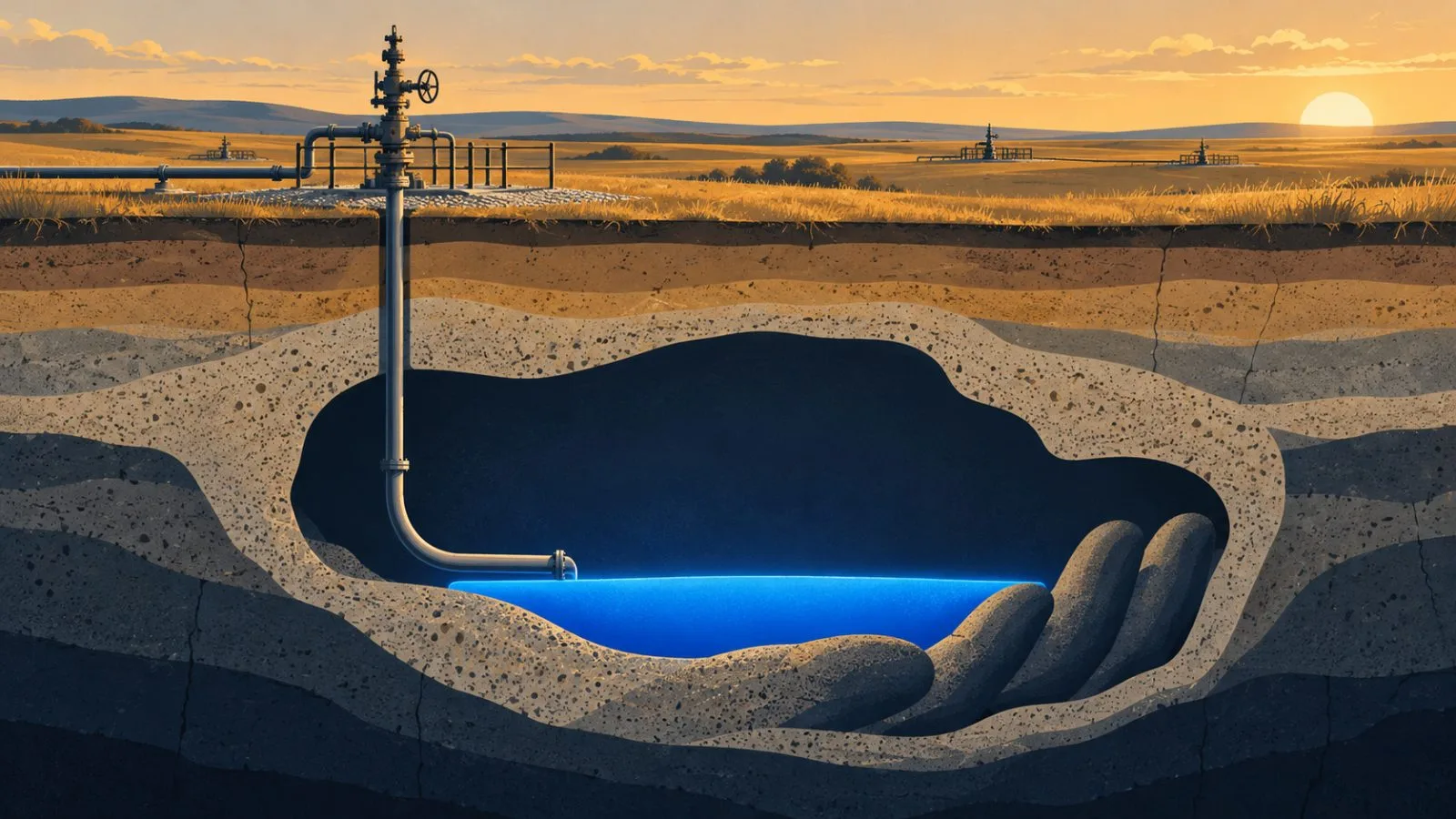 A steel pipeline feeds a cavern beneath a sunlit storage field / TokenPost.ai