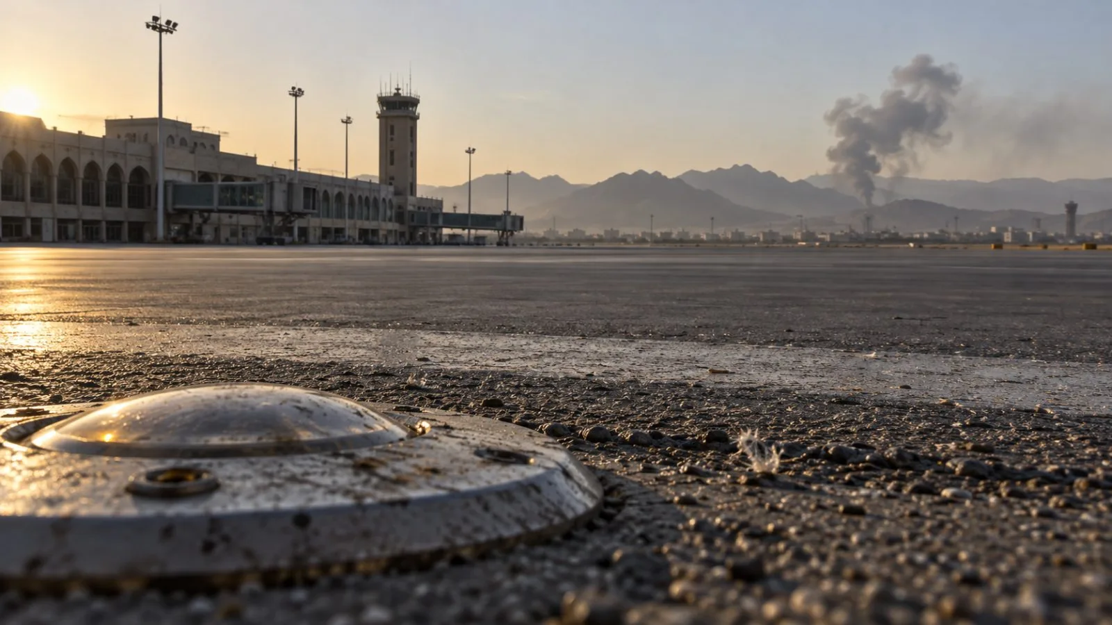 Runway lights beside a quiet airport terminal at dawn / TokenPost.ai