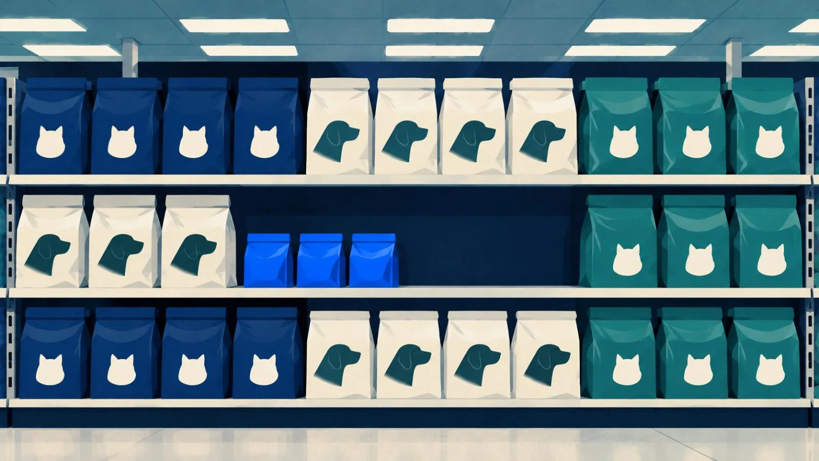Unmarked pet-food bags line a grocery shelf in short rows / TokenPost.ai