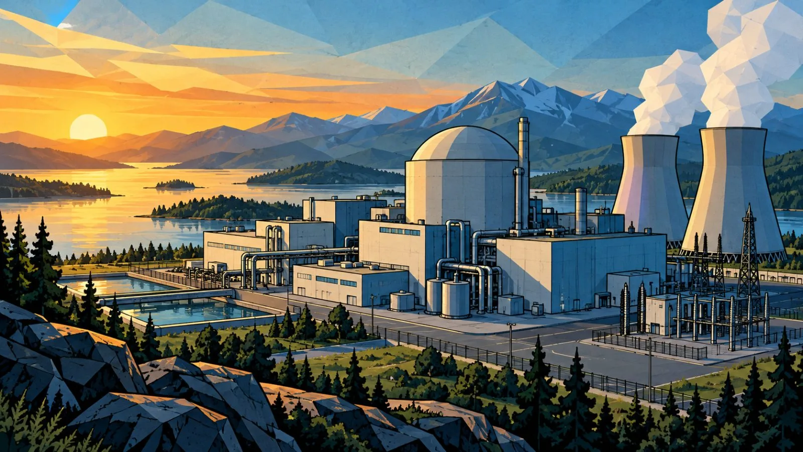 Compact reactor buildings under pale morning light / TokenPost.ai