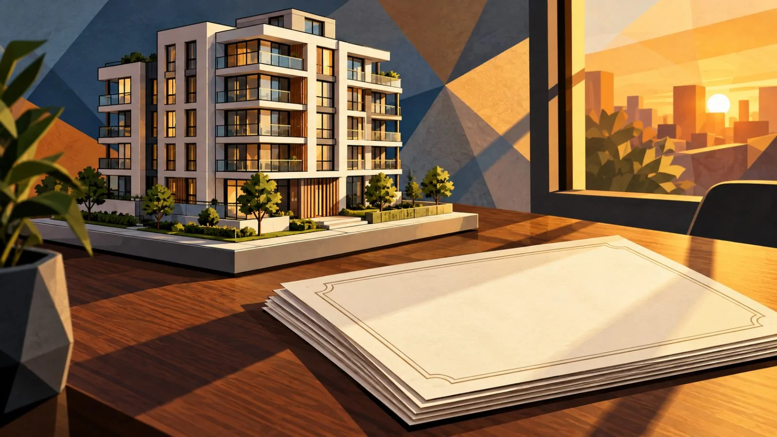 Modern apartment model beside stacked blank financial certificates / TokenPost.ai