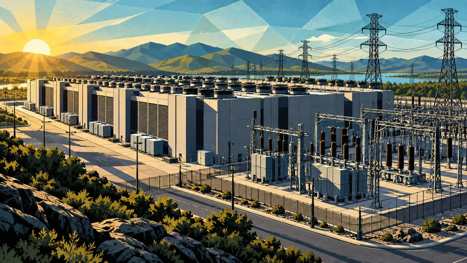 Data center buildings stand beside high-voltage transmission infrastructure / TokenPost.ai
