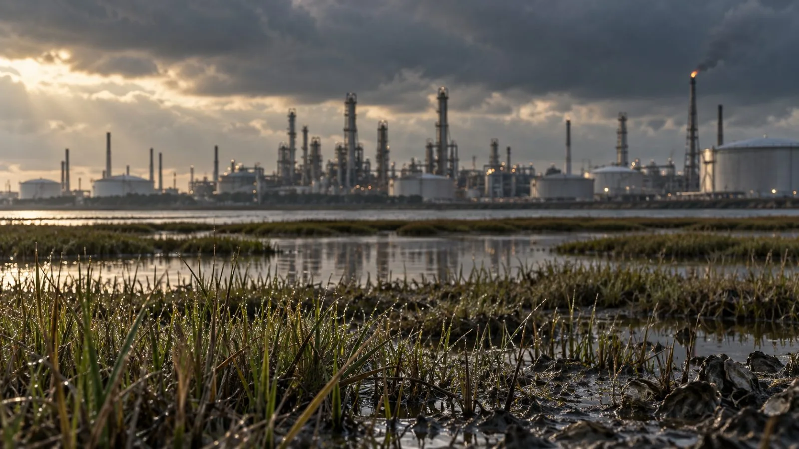 Refinery tanks stand beneath dark clouds along the Gulf Coast / TokenPost.ai