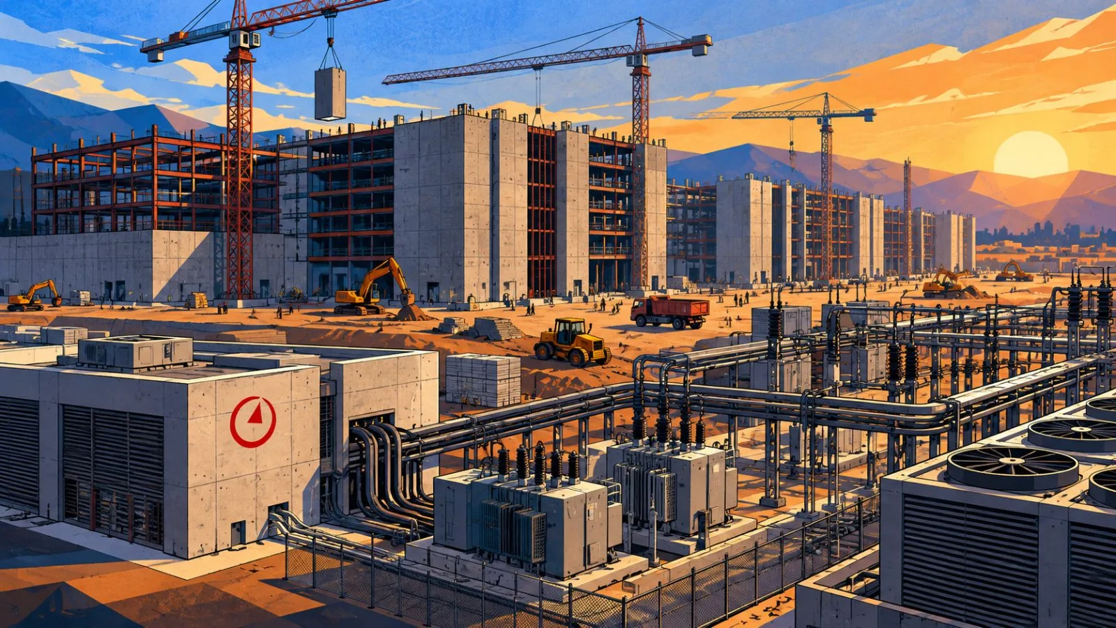 Cranes surround a sprawling data center construction site / TokenPost.ai