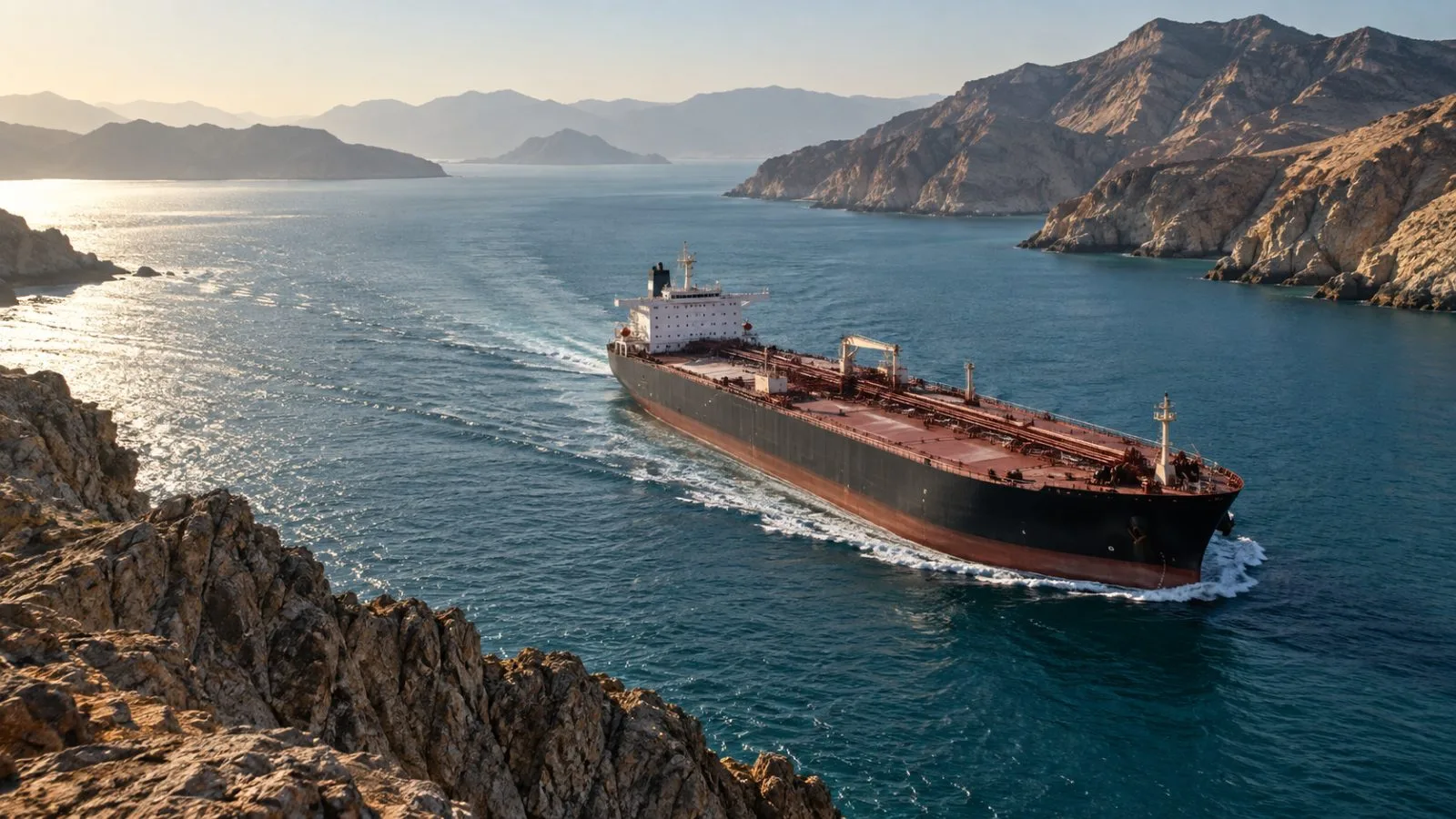 A tanker moves through the Strait of Hormuz in morning light / TokenPost.ai