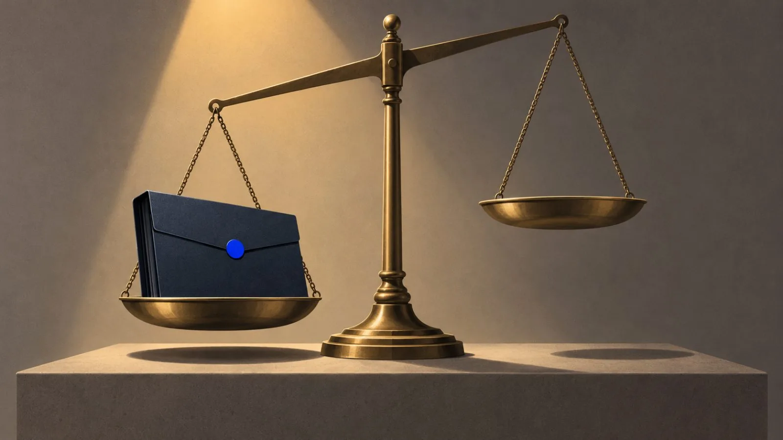 A sealed loan folder rests on a brass balance scale / TokenPost.ai