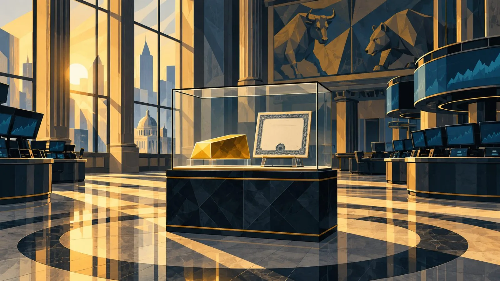 A gold bar and share certificate sit on a quiet exchange floor / TokenPost.ai