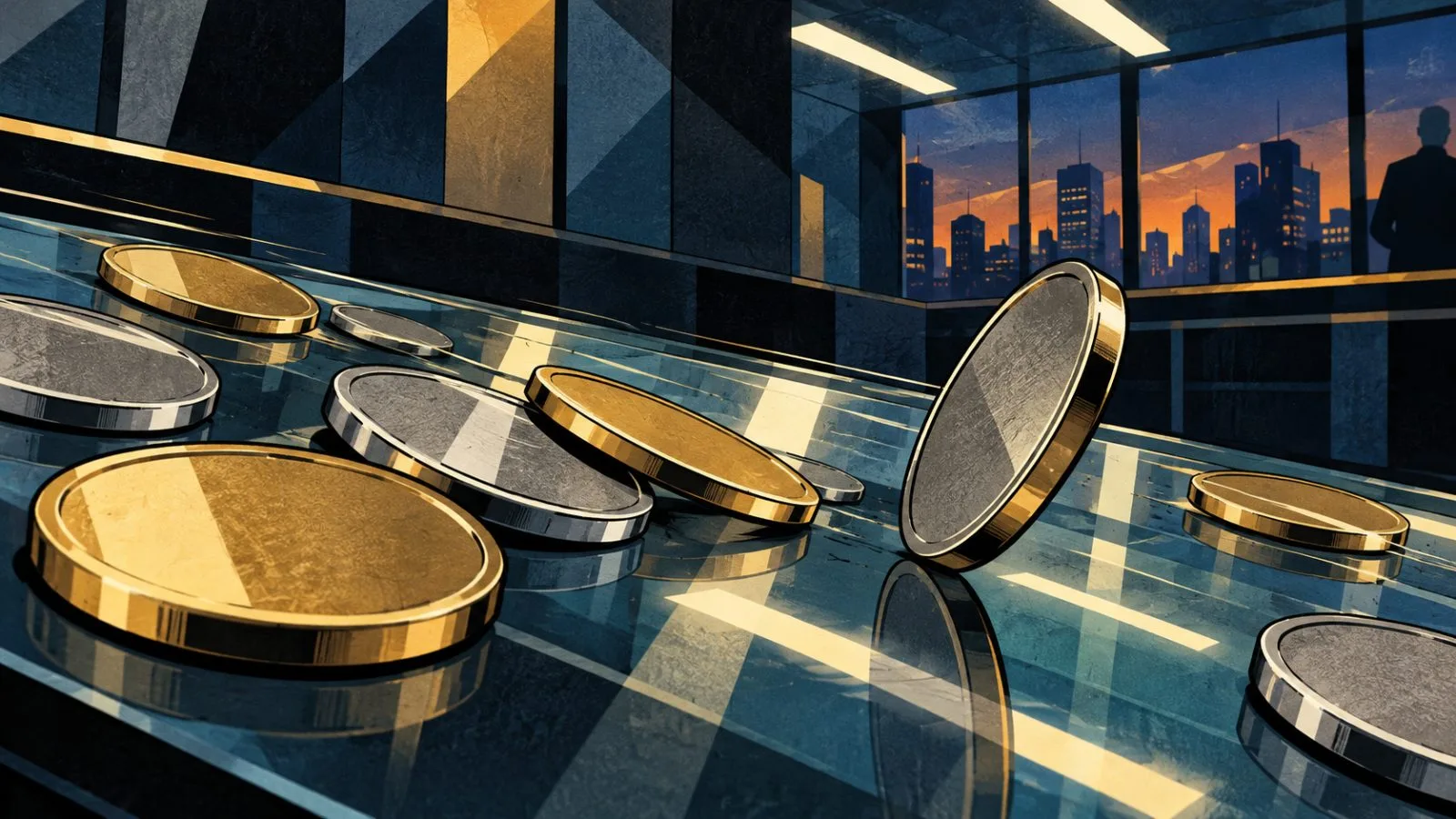 Metal trading tokens scattered across a glass counter / TokenPost.ai