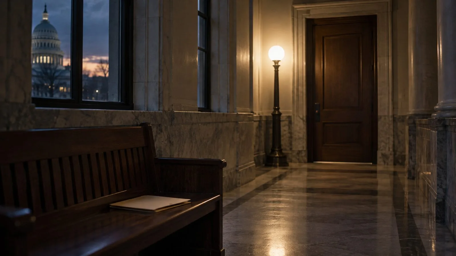 Closed courtroom door beside a folder on a wooden bench / TokenPost.ai
