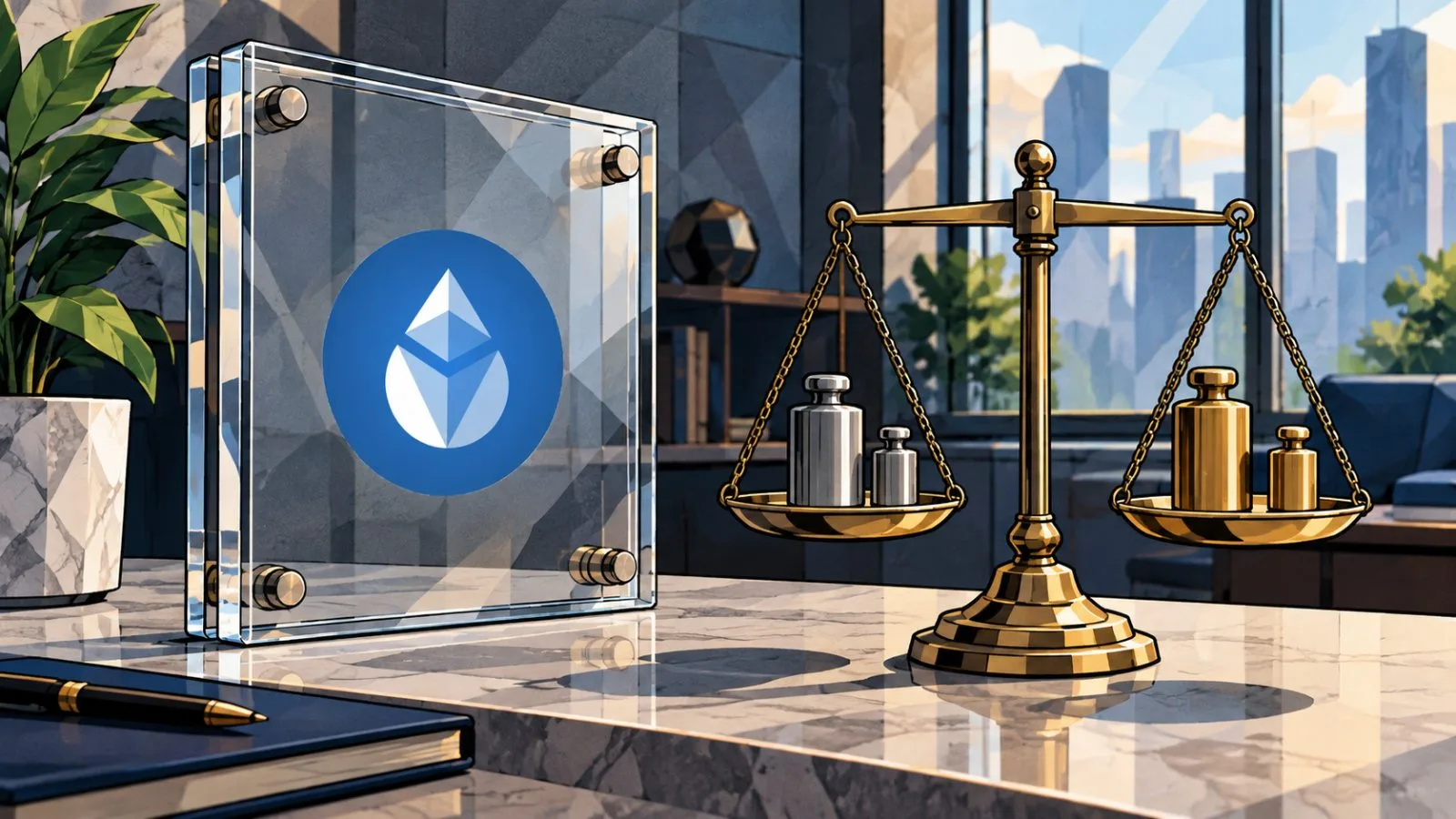 A brass balance scale stands beside a clear vault interface panel / TokenPost.ai