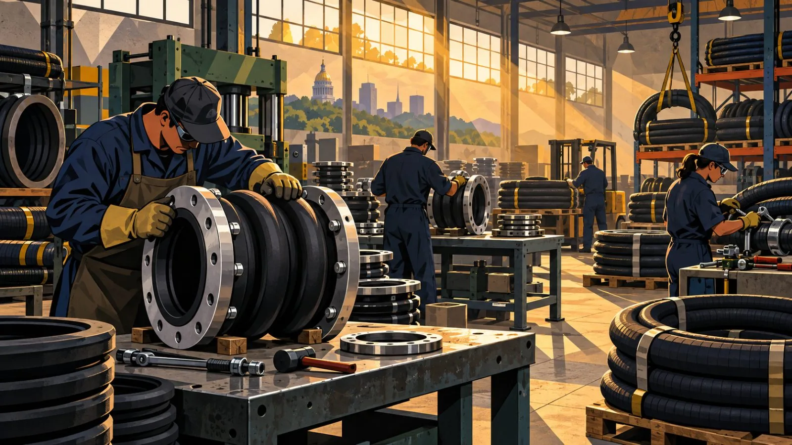 Workers assemble industrial hoses inside a Georgia workshop / TokenPost.ai