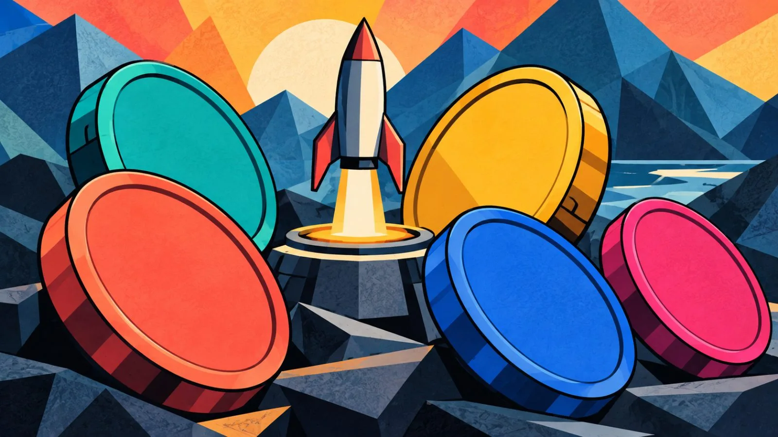 Colorful anonymous coins arranged around a launch platform / TokenPost.ai