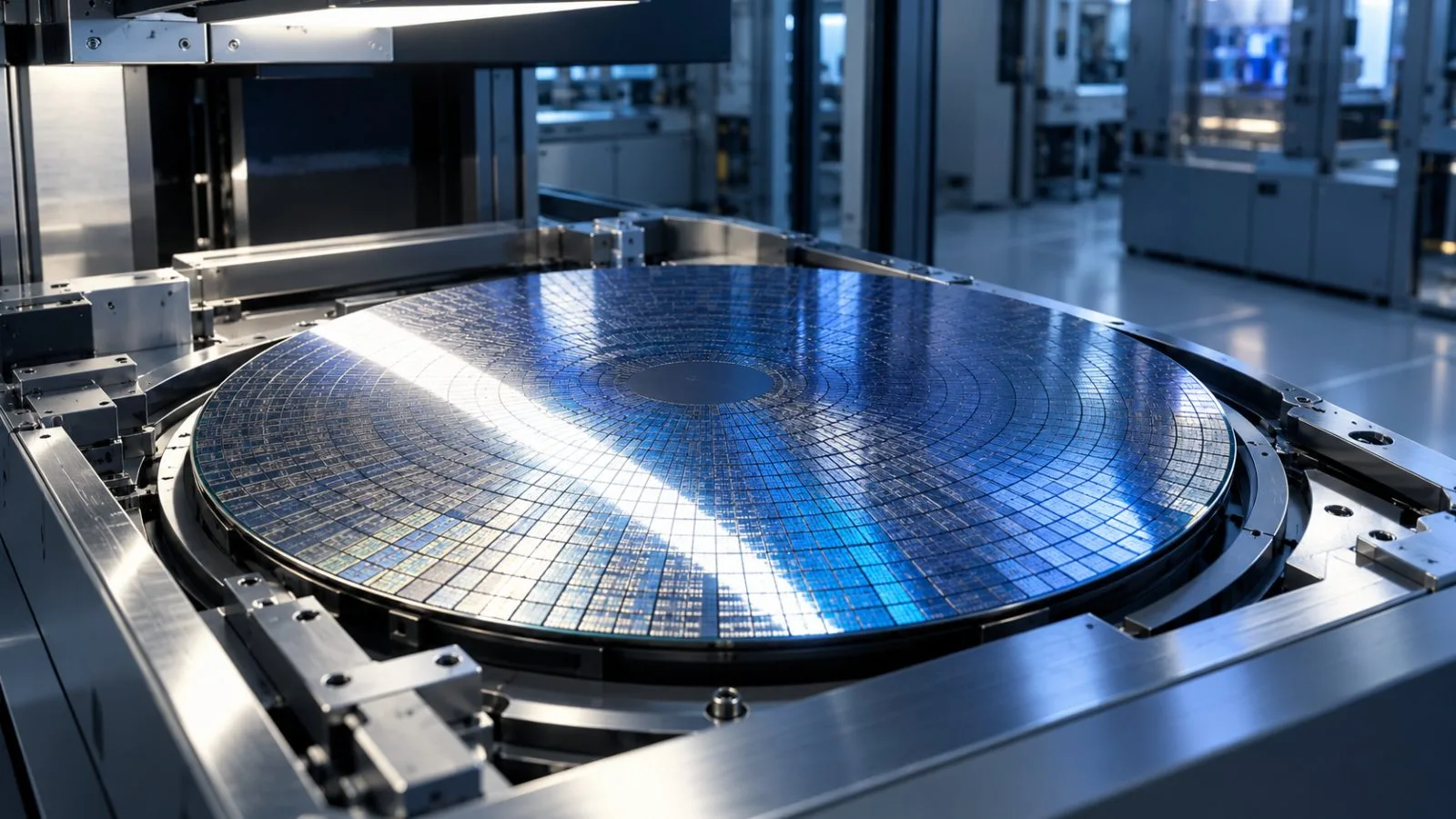 A silicon wafer catches a band of cleanroom light / TokenPost.ai