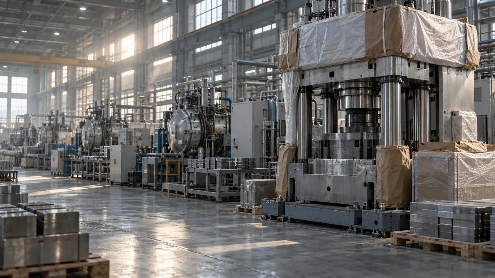 Industrial presses stand in rows across a bright factory floor / TokenPost.ai