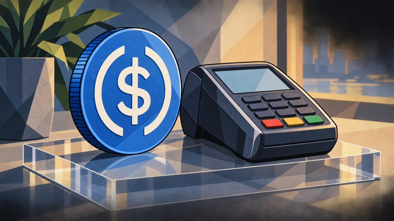 USDC coin beside a compact payment terminal / TokenPost.ai