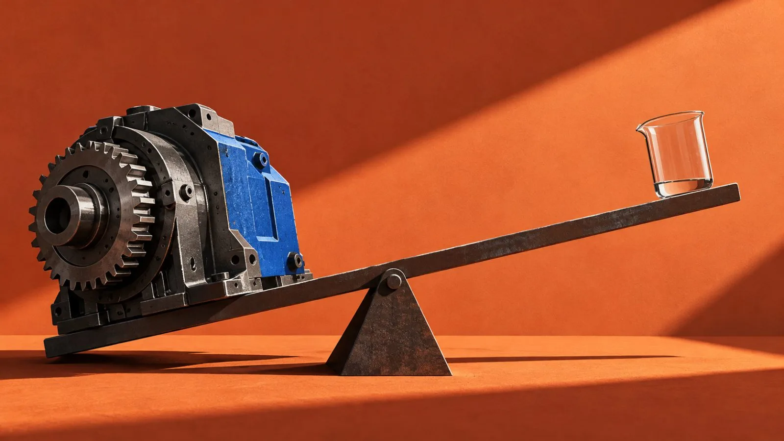 A steel machine component tips a balance beam beside an empty vessel / TokenPost.ai