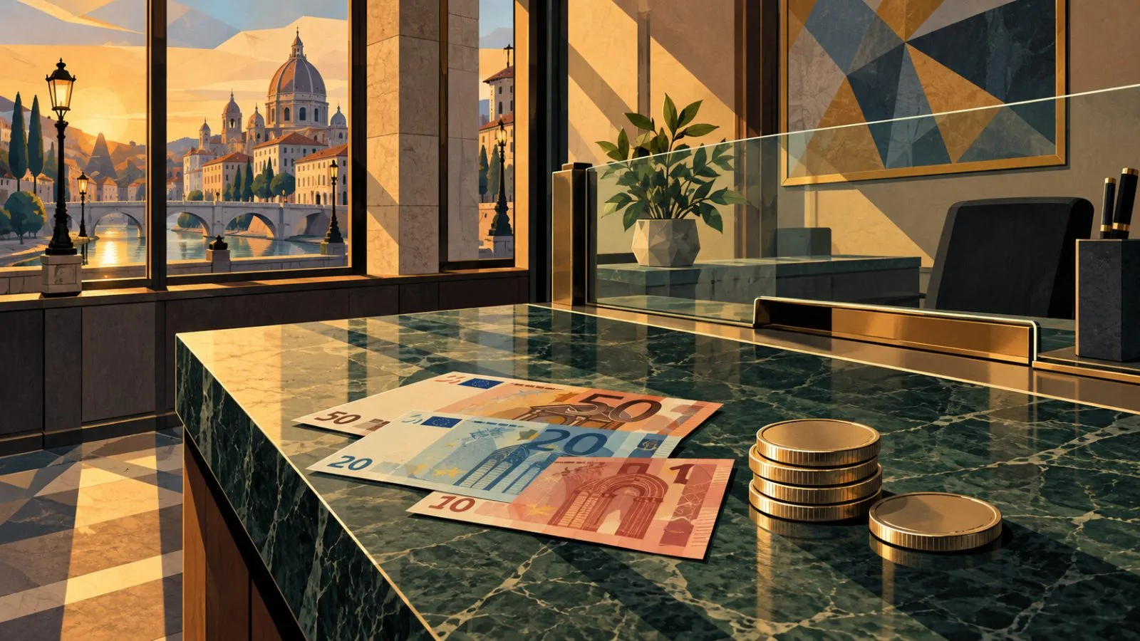 Euro banknotes rest beside a small stack of metal tokens / TokenPost.ai