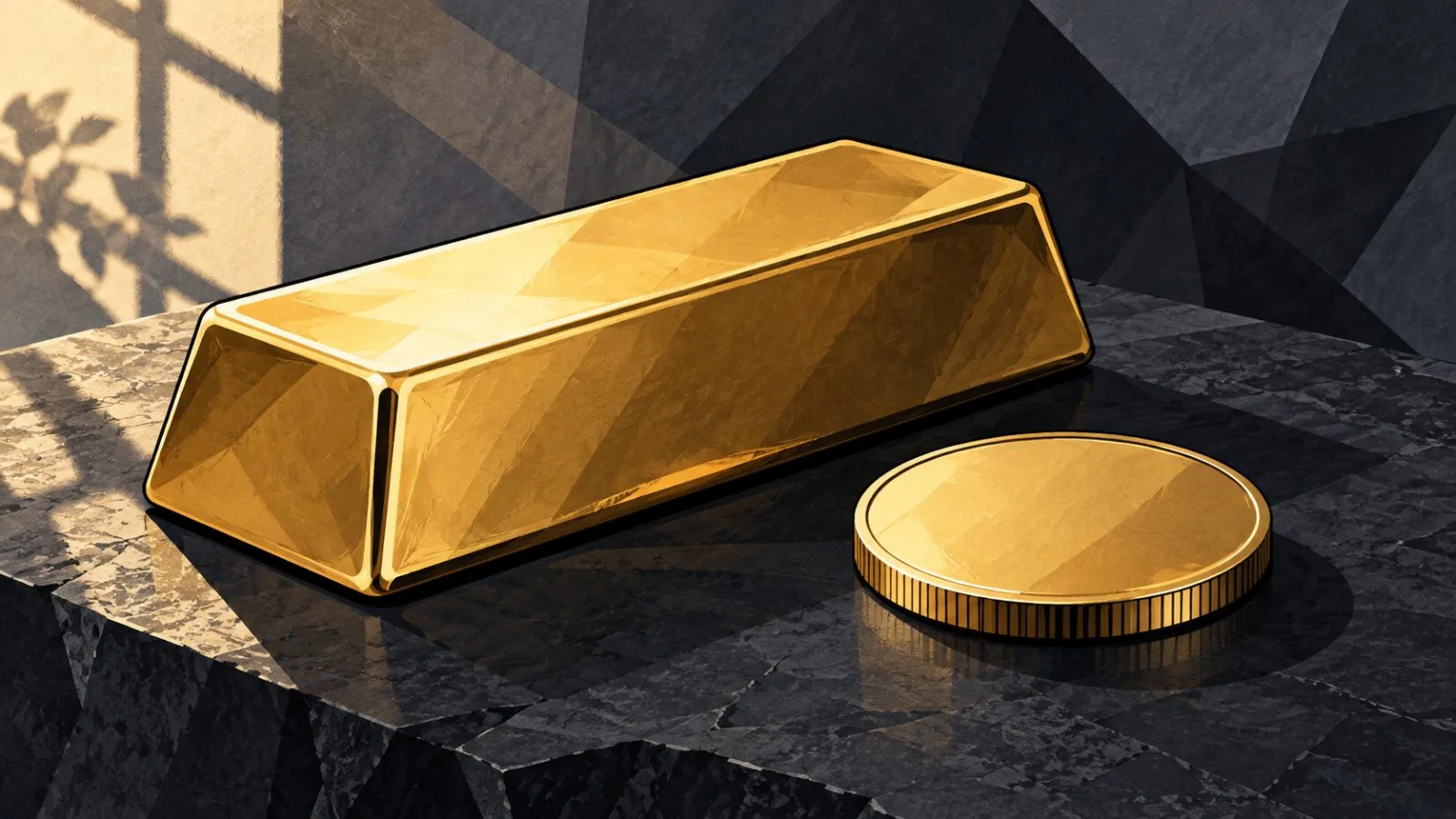 Gold bar and metallic coin arranged on a dark stone surface / TokenPost.ai