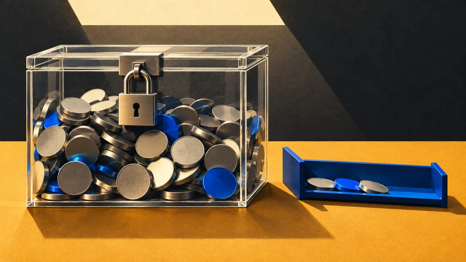 Plain metal tokens sit inside a lockbox beside a small return tray / TokenPost.ai