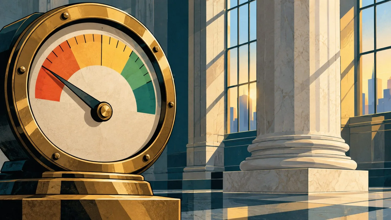 Brass gauge needle rests lower beside a marble institutional column / TokenPost.ai