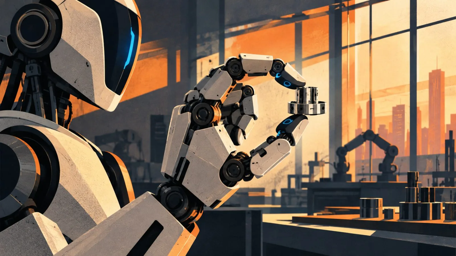 A robotic hand tests a precision-machined part in a bright lab / TokenPost.ai