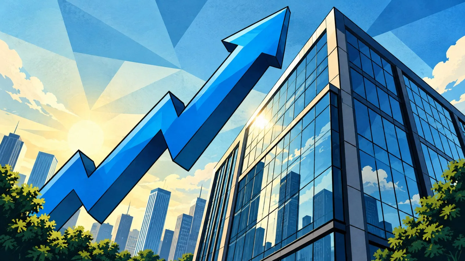 Blue arrow rising beside a modern glass office building / TokenPost.ai