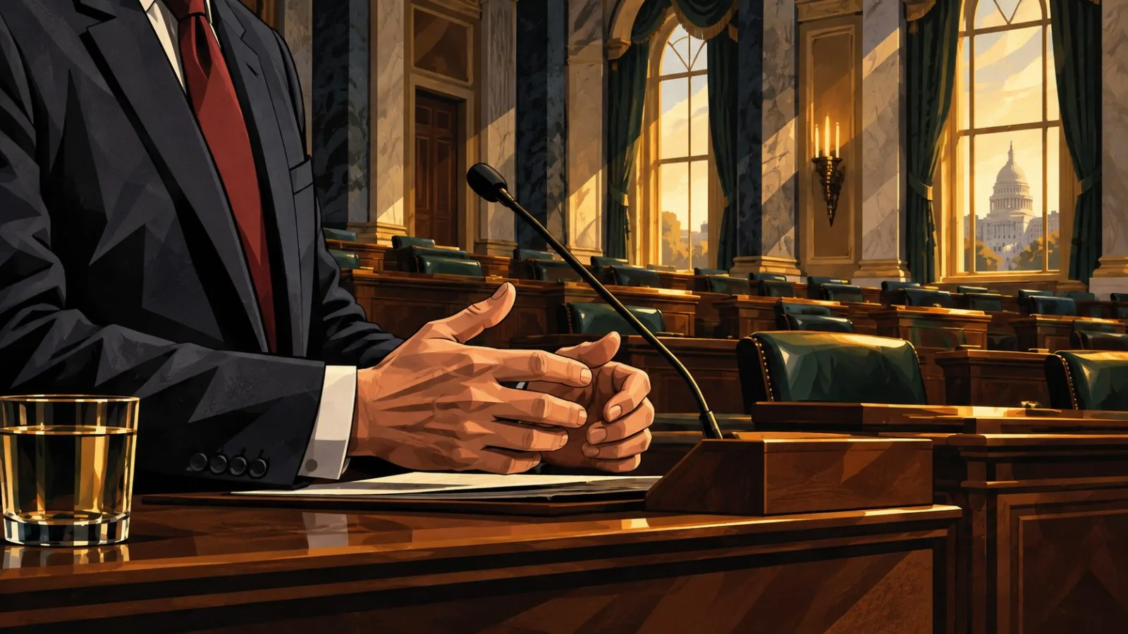 Senate chamber desks beneath warm afternoon light / TokenPost.ai