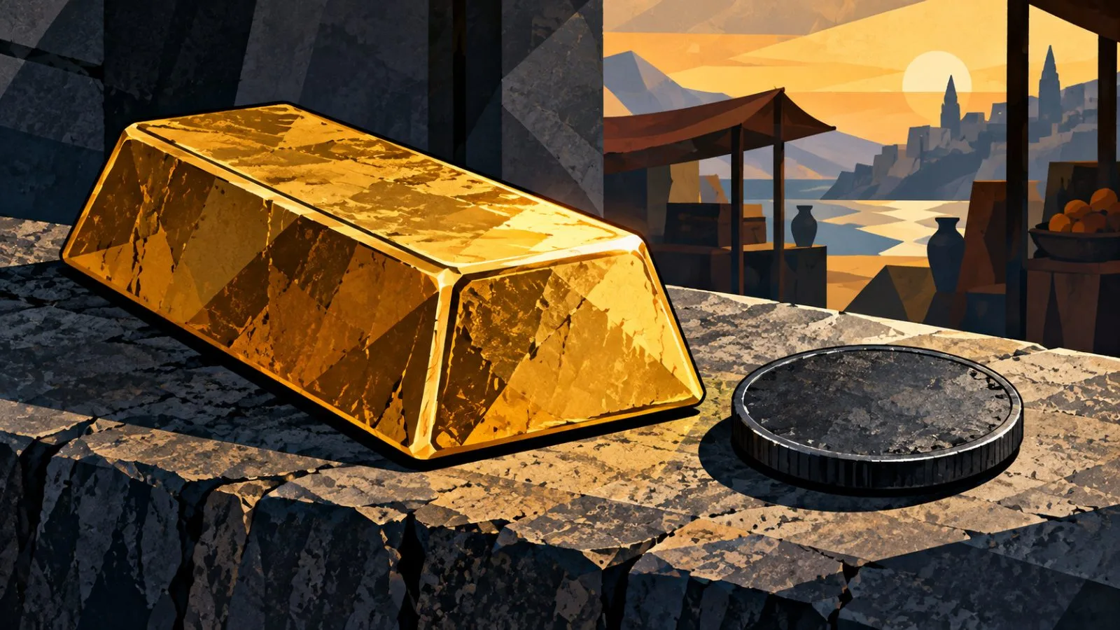 Gold bar and dark metal coin resting side by side / TokenPost.ai