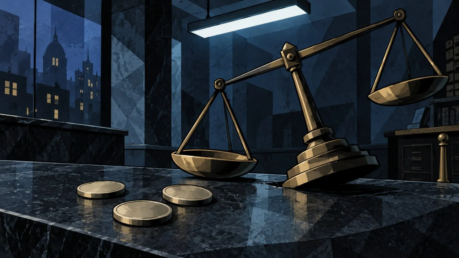 Unmarked metal coins lie beside a tipped balance scale / TokenPost.ai