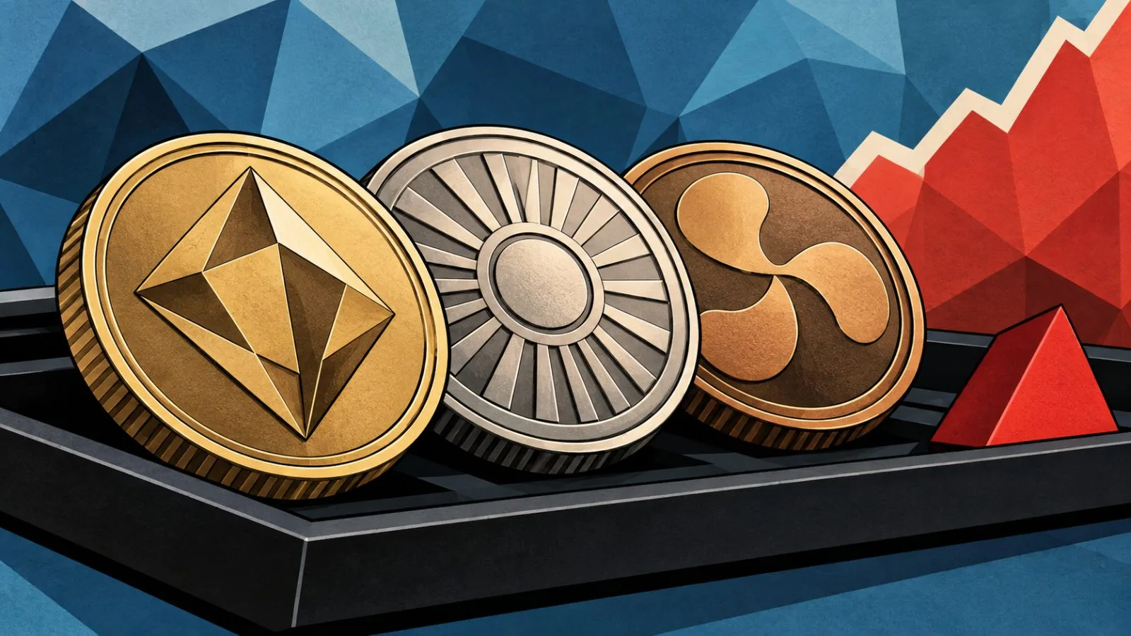 Unbranded metal tokens tipped beside a red market marker / TokenPost.ai
