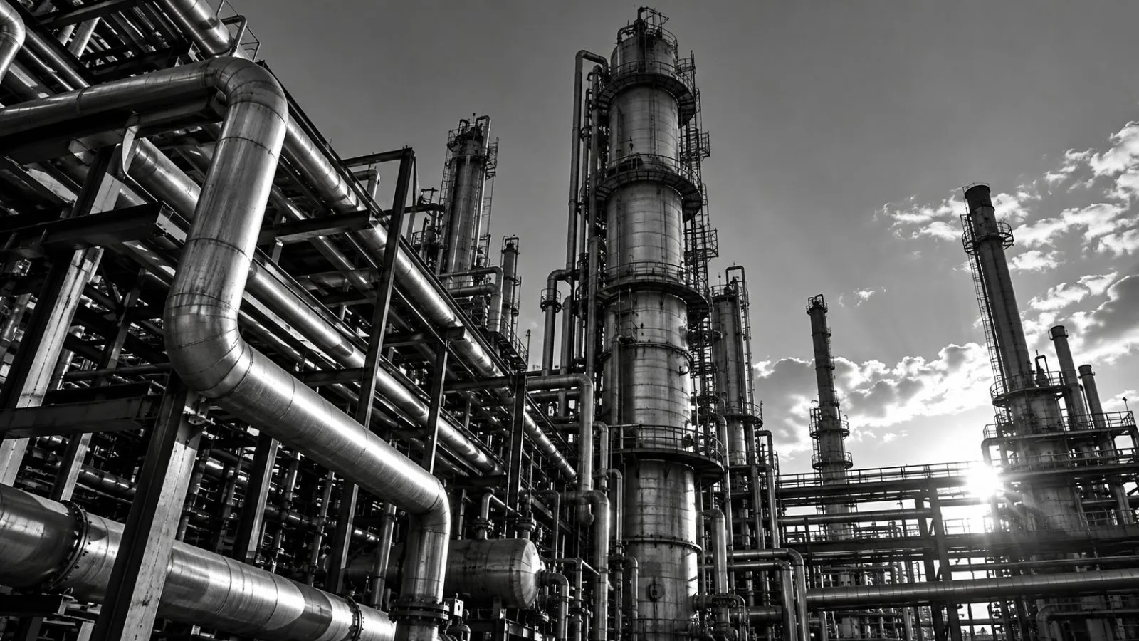 Steel refinery towers catch warm light above a web of pipes / TokenPost.ai